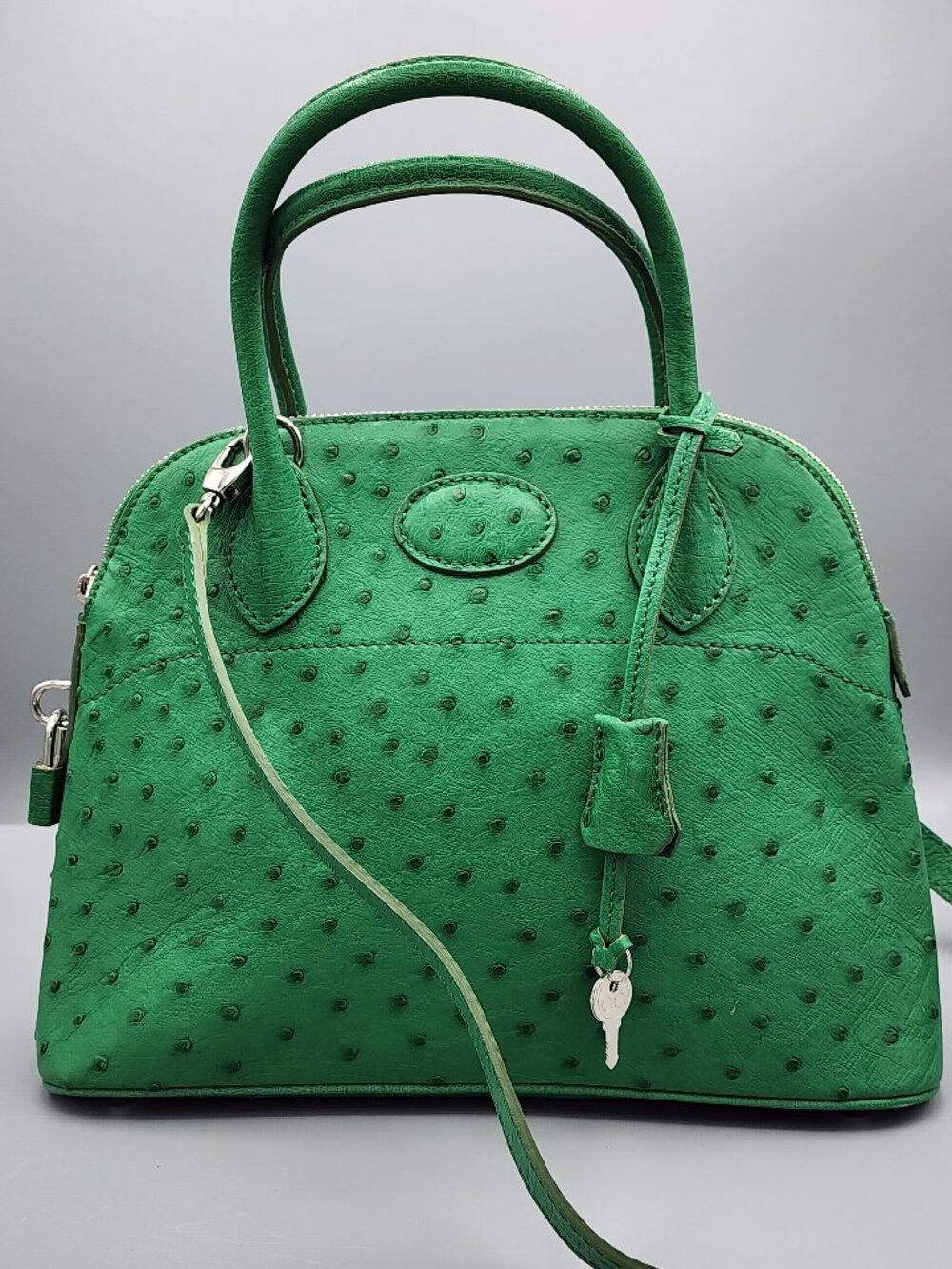 Ostrich Leather Dome Satchel Bag Green Premium Exotic Handbag